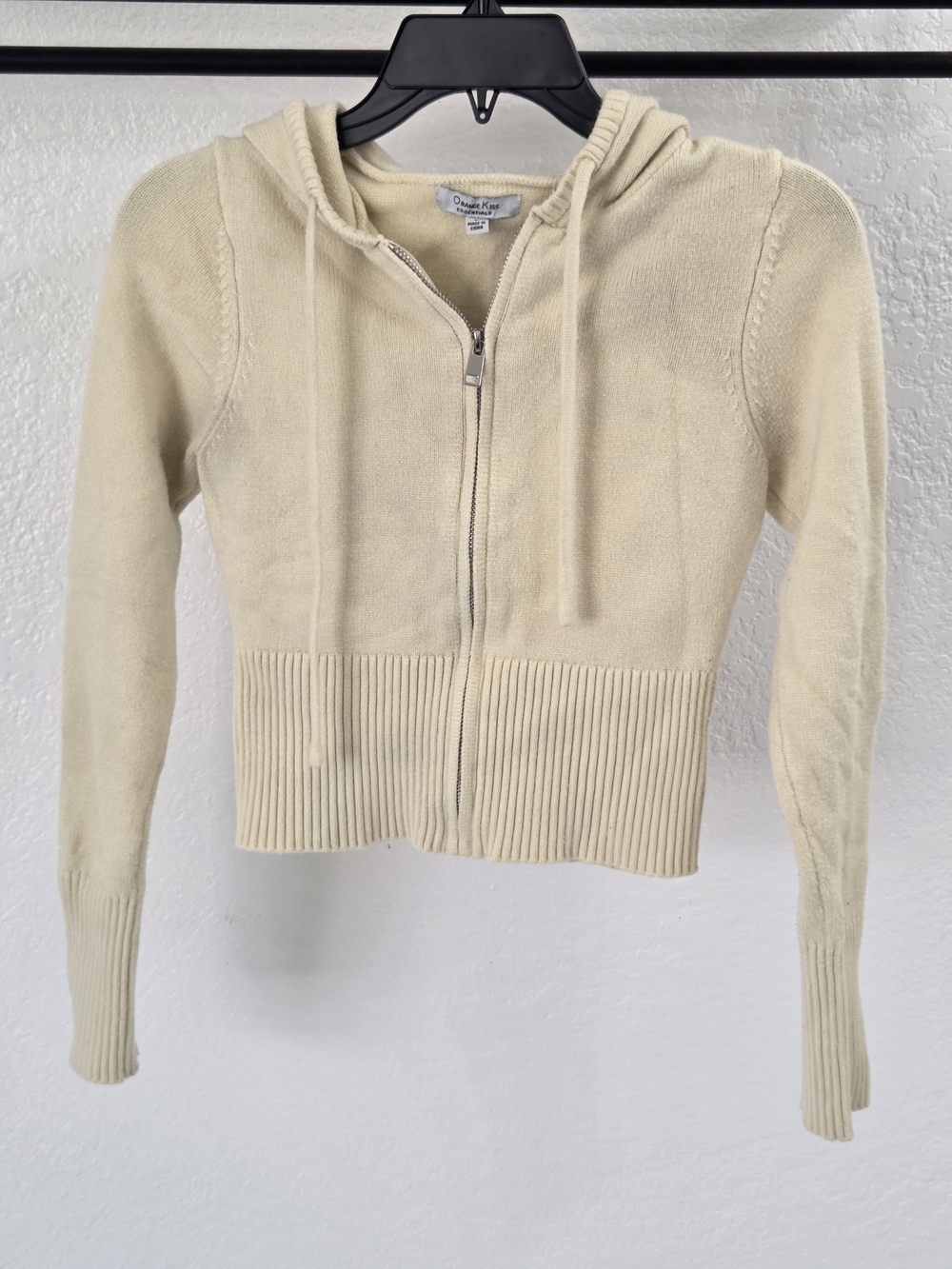Orange Kiss Essentials Cream Knit Zip Up Hoodie Size L Fitted Y2K Sweater